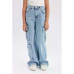 Defacto D9694 Mavi Kız Çocuk Wide Leg Kargo Geniş Paça Pamuklu Jean Pantolon