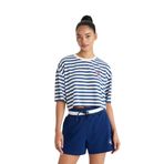 DeFacto DeFactoFit Crop Top Bisiklet Yaka Çizgili Sporcu Kısa Kollu Tişört Lacivert L