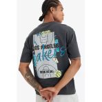 Defacto E0133 Antrasit Defactofit Nba Los Angeles Lakers Boxy Fit Bisiklet Yaka Sırt Baskılı Kısa Kollu Tişört
