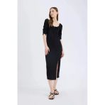 Defacto E0885 Siyah Bodycon Vücudu Saran Kare Yaka Yırtmaçlı Basic Düz Bürümcük Yarım Kol Siyah Midi Elbise
