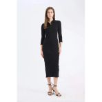 Defacto E2245 Siyah Bodycon Vücudu Saran Polo Yaka Basic Düz Fitilli Kaşkorse Yarım Kollu Midi Elbise