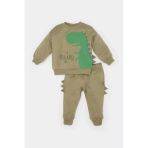 Defacto E4910 Haki Erkek Bebek 2'Li Takım Dinazor Baskılı Sweatshirt Beli Lastikli Eşofman Altı