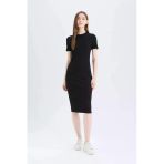 Defacto E6926 Siyah Bodycon Vücudu Saran Bisiklet Yaka Basic Düz Fitilli Kaşkorse Kısa Kollu Midi Elbise