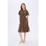DeFacto E7113AX25SPBG150 Regular Fit Bisiklet Yaka Leopar Desenli Kuşaklı Kısa Kollu Midi Elbise