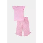 Defacto E7798 Pembe Kız Bebek Krinkıl Viskon 2'Li Takım Kısa Kollu Tişört Beli Lastikli Çiçekli Pantolon