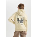 DeFacto Erkek Çocuk Bej Regular Fit Kapüşonlu Sırt Baskılı Kalın Sweatshirt, Bej, 9/10 Yaş