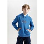 DeFacto Erkek Çocuk Mavi Regular Fit Kapüşonlu Sırt Baskılı Kalın Sweatshirt, Mavi, 9/10 Yaş