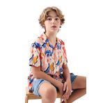 DeFacto Erkek Çocuk Oversize Fit Polo Yaka Desenli Viskon Kısa Kollu Gömlek Ekru 9/10 Yaş