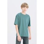 DeFacto Erkek Çocuk Oversize Geniş Kalıp Bisiklet Yaka Basic Düz Kısa Kollu Tişört B5927A825SM - Yeşil-GN469 - 8 - 9 Yaş