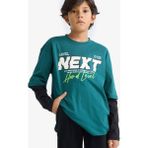 DeFacto Erkek Çocuk Oversize Geniş Kalıp Bisiklet Yaka Baskılı Uzun Kollu Tişört E9589A825AU - Yeşil-GN155 - 8 - 9 Yaş