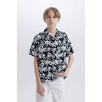 DeFacto Erkek Çocuk Oversize Geniş Kalıp Polo Yaka Desenli Kısa Kollu Gömlek E2969A825SM - Lacivert-NV146 - 5 - 6 Yaş