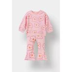 Defacto F0514a5pn99 Pembe Kız Bebek 2'Li Takım Çiçekli Sweatshirt İspanyol Paça Tayt