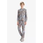 Defacto F1892a8gr265 Gri Erkek Çocuk Pijama Takımı Desenli Uzun Kollu Üst Uzun Alt