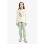 Defacto F6219a8er134 Ekru Kız Çocuk Pijama Takımı Baskılı Uzun Kollu Üst Desenli Uzun Alt