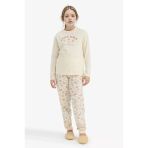 Defacto F6231a8er91 Ekru Kız Çocuk Pijama Takımı Baskılı Uzun Kollu Üst Desenli Uzun Alt