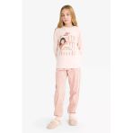 Defacto F6233a8pn70 Pembe Kız Çocuk Pijama Takımı Baskılı Uzun Kollu Üst Çizgili Uzun Alt