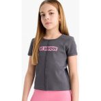DeFacto Fitted Bisiklet Yaka Baskılı Fitilli Kaşkorse Kısa Kollu Tişört Kız Çocuk E1832A825SM - Antrasit-AR82 - 7 - 8 Yaş