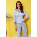 DeFacto Fıtted Çizgili Poplin Gömlek, XL, H0347AX26SP, Mavi-BE306, Kadın