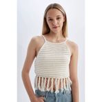 DeFacto Fitted Halter Yaka Kroşe Püsküllü Triko Atlet, L, C9018AX24SM, Ekru-ER105