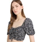 DeFacto Fitted Kare Yaka Desenli Maroken Kısa Kollu Bluz, XS, D0911AX24SM, Siyah-BK27, Kadın