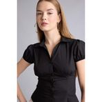DeFacto Fitted Kısa Kollu Gömlek, XS, H3019AX26SP, Siyah, Kadın