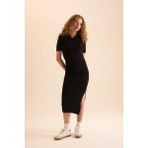 DeFacto Fitted Polo Yaka Kısa Kollu Yırtmaçlı Midi Triko Elbise D4914AXNS - Siyah-BK27