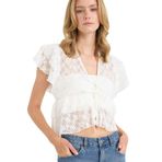 DeFacto Fitted V Yaka Tül Önden Bağlamalı Kısa Kollu Bluz, M, F7943AX25AU, Ekru-ER105, Kadın