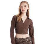 DeFacto Fitted Vücuda Oturan Gömlek Yaka Fermuarlı Bengalin Crop Bluz, L, C5037AX24AU, Kahve-BN322, Kadın