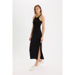 DeFacto Fitted Vücudu Saran Yırtmaçlı Basic Fitilli Kaşkorse Siyah Midi Etek E2247AX25SP - Siyah-BK81 - XL