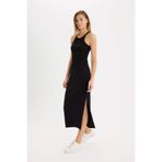 DeFacto Fitted Vücudu Saran Yırtmaçlı Basic Fitilli Kaşkorse Siyah Midi Etek, L, E2247AX25SP, Siyah-BK81, Kadın