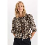 DeFacto Fitted Yuvarlak Yaka Leopar Desenli Önü Bağlamalı Poplin Uzun Kollu Bluz, XS, E1368AX24AU, Bej-BG324, Kadın