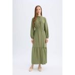 Defacto Gömlek Yaka Basic Düz Düğmeli Beli Büzgülü Uzun Kollu Maxi Elbise D5851AX24AUKH450 Haki
