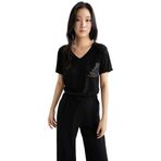 DeFacto Kadın Regular Fit V Yaka Payet Detaylı Kısa Kollu Tişört, Siyah, S T-shirt