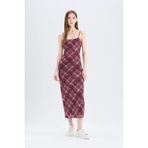 Defacto Kareli Tül Askılı Maxi Elbise, L, D5034AX25SP, Bordo, Kadın