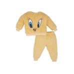 DeFacto Kız Bebek Looney Tunes 2'li Takım Bisiklet Yaka Pelüş Sweatshirt Beli Lastikli Eşofman Altı Sarı 3/4 YAŞ