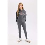 DeFacto Kız Çocuk 2'li Takım Baskılı Kapüşonlu Sweatshirt Beli Lastikli Fitilli Kaşkorse Tayt D0730A824AU - 5 - 6 Yaş - Antrasit-AR82