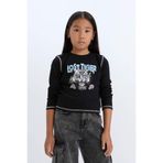 DeFacto Kız Çocuk Cropped Fit Bisiklet Yaka Baskılı Fitilli Kaşkorse Uzun Kollu Tişört, 11-12 Yaş, D3430A824WN, Siyah-BK81, Kız Çocuklar