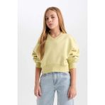 DeFacto Kız Çocuk Cropped Fit V Yaka Basic Düz Sweatshirt D7047A824WN - Yeşil-GN659 - 7 - 8 Yaş