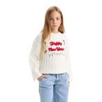 DeFacto Kız Çocuk Ekru Oversize Fit Geniş Kalıp Bisiklet Yaka Yılbaşı Temalı Triko Kazak 11/12 Yaş