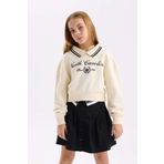 DeFacto Kız Çocuk Ekru Relax Fit Polo Yaka Slogan Baskılı Sweatshirt, Ekru, 7/8 Yaş