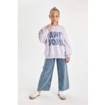 DeFacto Kız Çocuk Mavi Oversize Fit Geniş Kalıp Bisiklet Yaka Slogan Baskılı Sweatshirt Mor 9/10 Yaş