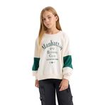 DeFacto Kız Çocuk Oversize Fit Geniş Kalıp Bisiklet Yaka Slogan Baskılı Sweatshirt Ekru 5/6 Yaş
