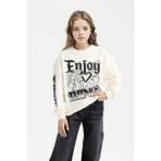 DeFacto Kız Çocuk Oversize Geniş Kalıp Bisiklet Yaka Baskılı Sweatshirt D6629A824AU - Ekru-ER99 - 9 - 10 Yaş