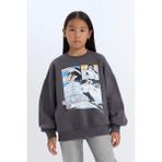 DeFacto Kız Çocuk Oversize Geniş Kalıp Bisiklet Yaka Baskılı Sweatshirt D7054A824WN - Antrasit-AR148 - 8 - 9 Yaş