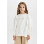 DeFacto Kız Çocuk Oversize Geniş Kalıp Bisiklet Yaka Baskılı Sweatshirt D9784A825SP - 8 - 9 Yaş - Ekru-ER105