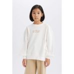 DeFacto Kız Çocuk Oversize Geniş Kalıp Bisiklet Yaka Baskılı Sweatshirt D9784A825SP - Ekru-ER105 - 7 - 8 Yaş