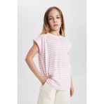DeFacto Kız Çocuk Oversize Geniş Kalıp Bisiklet Yaka Çizgili Kısa Kollu Tişört B6694A824SM - 11 - 12 Yaş - Pembe-PN444