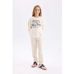 DeFacto Kız Çocuk Oversize Geniş Kalıp Bisiklet Yaka Sırt Baskılı İçi Yumuşak Tüylü Sweatshirt Ekru 7/8 Yaş