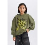DeFacto Kız Çocuk Oversize Geniş Kalıp Kapüşonlu Baskılı Sweatshirt D1567A824WN - Haki-KH210 - 7 - 8 Yaş