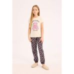 DeFacto Kız Çocuk Pijama Takımı Bisiklet Yaka Baskılı Kısa Kollu Üst Beli Lastikli Desenli Alt E0538A825SM - Ekru-ER233 - 8 - 9 Yaş